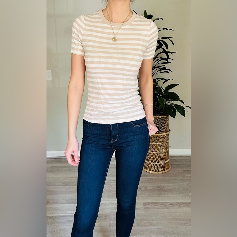 Cream and white stripe short sleeve shirt